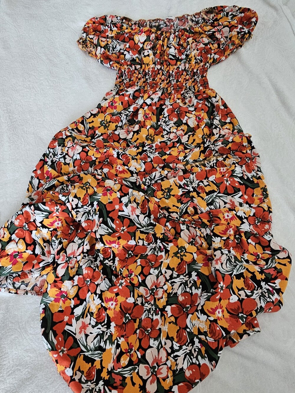 Kindred Womens XL Floral Off the Shoulder Smocked Tiered Maxi Dress Orange Red